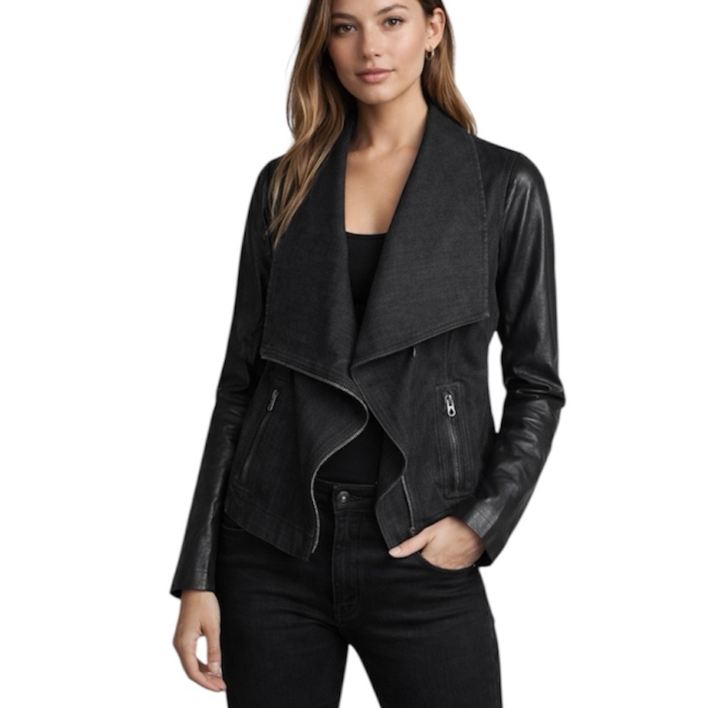 Club Monaco Black Mixed-Media Moto Leather Denim Jacket